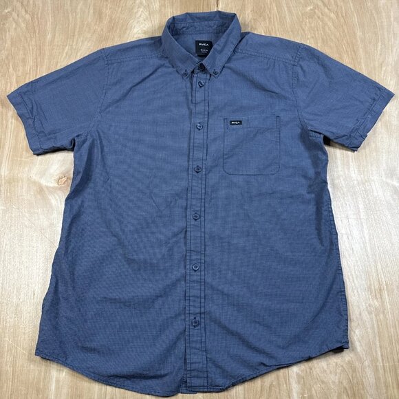 RVCA Men’s Dark Blue Check Short Sleeve Button Down Shirt Side Medium - Picture 1 of 5